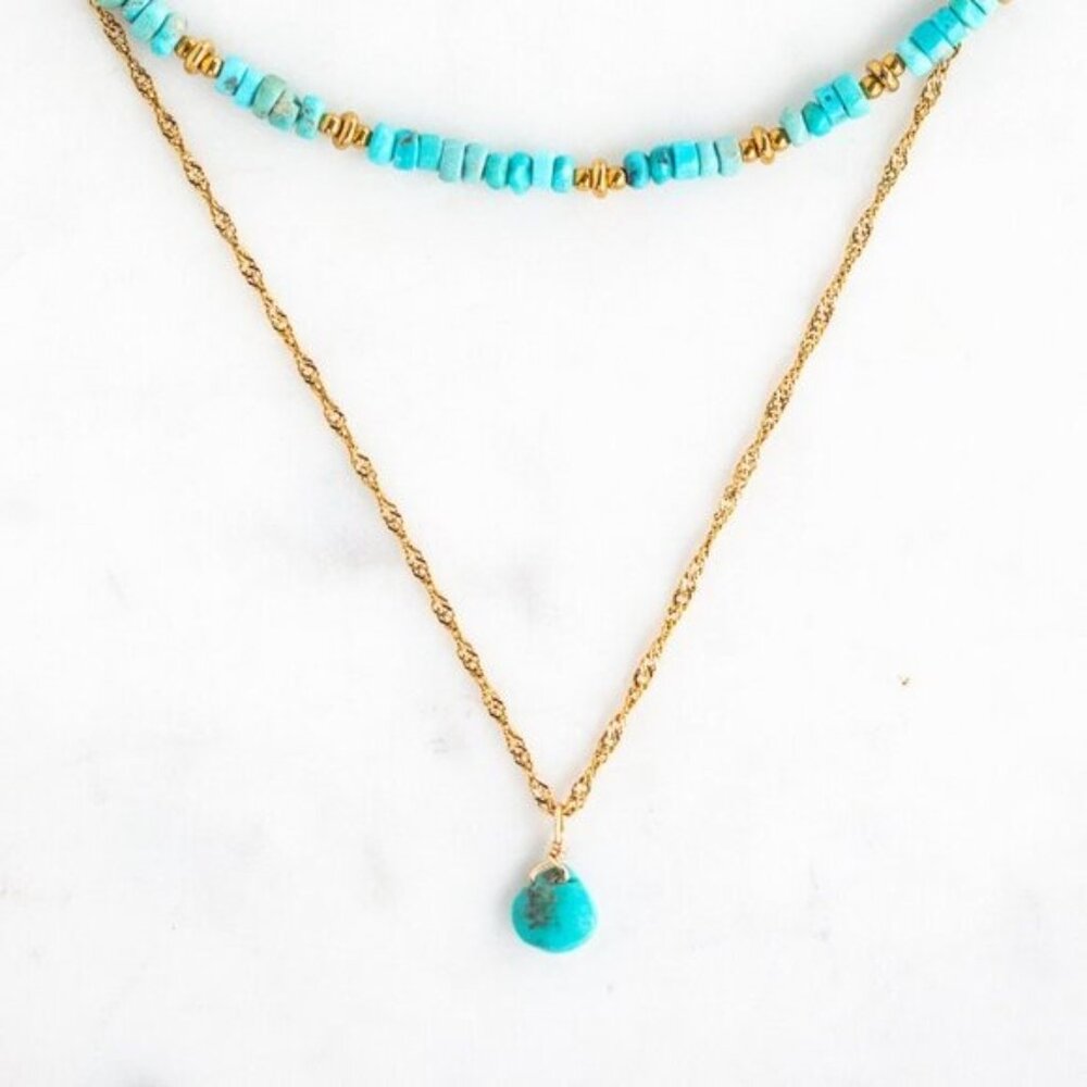Dainty Turquoise Pendant Necklace Waterproof Gold Chain Hypoallergenic Jewelry